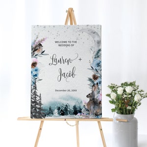 Winter Wedding Welcome Sign, Snowy Forest welcome sign, Christmas Wedding Welcome Sign, Mountain Welcome Sign, Rabbit, Blue and Purple, NEW