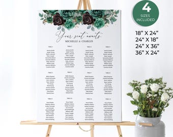 Emerald Green Wedding Seating Sign, Black and Green Floral Seating Chart, Moody Botanical Seating Poster, Instant Download Editable, HAL20