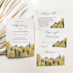 Fall Forest Baby Shower Invitation Set, Mountain Baby Shower Invite, Woodland Outdoor Rustic Baby Shower, Adventure Awaits, Aspen Trees,BD11