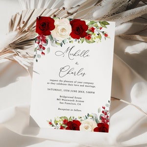 Red and White Wedding Invitation, Red Roses Wedding Invite, Floral