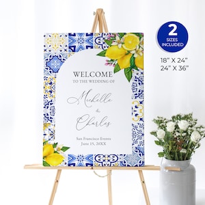 Targa di benvenuto per matrimonio con limone mediterraneo, targa con limone con piastrelle blu, toscano, italiano, siciliano, Santorini, targa personalizzata moderna ed elegante, ME3