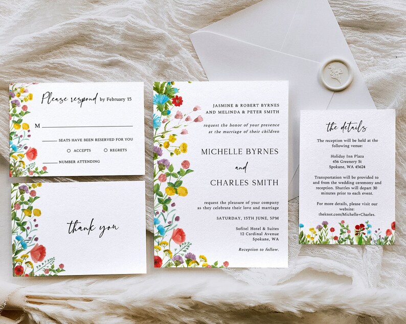 Wedding Invite, Wildflower Invitation Set, Floral Wedding Invites, Printable Botanical Wedding Invites, Instant Download, Colorful Wedding image 1