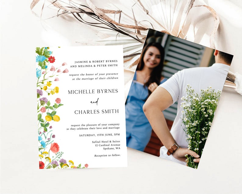 Wedding Invite, Wildflower Invitation Set, Floral Wedding Invites, Printable Botanical Wedding Invites, Instant Download, Colorful Wedding image 4