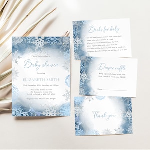 Editable Snowflake Baby Shower Invitation Set, Winter Wonderland, Dusty Blue Winter Baby Shower, Boy Baby Shower, Christmas themed, W03