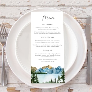 Mountain menu template, lake menu template, woodland moutain pine menu, printable menu template, instant download menu template, Callie