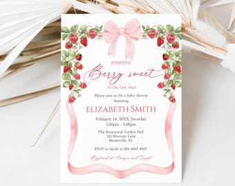 Strawberry Baby Shower Invitation, Someone Berry Sweet is on the Way, Coquette Baby Girl Ribbon Pink Bow, Berries Fruits Invite, B66