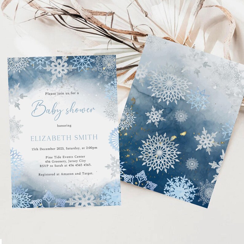 May include: Baby shower invitation with a watercolor design. The invitation features a blue and white snowflake design with the text "Please join us for a Baby shower honoring Elizabeth Smith". The invitation is for December 15th, 2023.