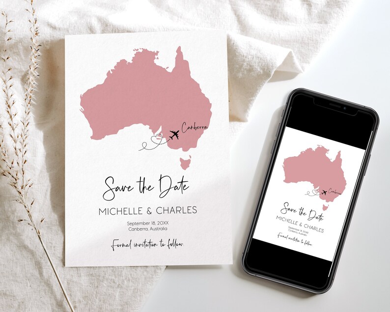 Australia Save the Date Template with Postcard, Travel Invitation, Editable Wedding Invite, Printable Card, Australian Map image 2