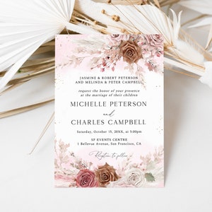 Pink Boho Wedding Invitation, Dusty Rose Wedding Invite, Blush Pink Wedding Invite, Pink Brown and White Floral Invite, Pampas Grass, SP38