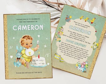 Retro Storybook First Birthday Invitation Boy, Chapter Book Themed Birthday Invite, Editable Vintage Birthday Invite, Bunny Invite, ST8
