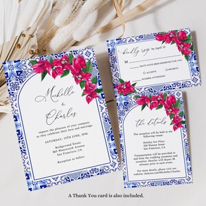 Puede incluir: Invitación de boda con un patrón de azulejos azules y blancos y flores de buganvilla rosas. La invitación dice "Michelle & Charles" e incluye la fecha, la hora y el lugar de la boda. Se incluye una tarjeta RSVP separada.