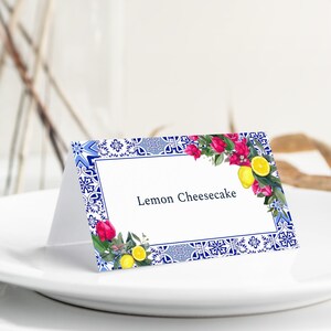 Mediterranean Lemon Food Label Template, Printable Blue Tiles Buffet Card, Tuscan Italian Food Card Template, Dessert Label, ME16