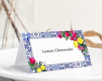 Mediterranean Lemon Food Label Template, Printable Blue Tiles Buffet Card, Tuscan Italian Food Card Template, Dessert Label, ME16