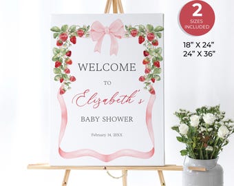 Strawberry Baby Shower Welcome Sign, Someone Berry Sweet is on the Way, Coquette Baby Girl Ribbon Pink Bow Custom Sign, Berries Fruits, B66