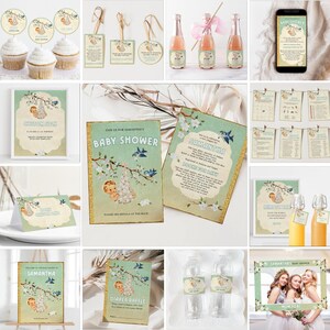 May include: A set of baby shower party decorations with a vintage floral and bird theme. The decorations include invitations, cupcake toppers, favor tags, water bottle labels, a diaper raffle sign, a photo booth frame, and games. The color scheme is light blue, green, and white.