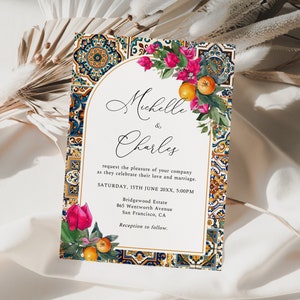 Spanische Hochzeitseinladung, italienische Hochzeit, Orangenfrüchte und Bougainvillea laden ein, spanische Majolika-Kacheln, Zitrus-Einladung, ME9