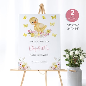Signo de bienvenida del baby shower del pato, signo del baby shower del patito, signo personalizado del baby shower de la granja, mariposas amarillas, animal lindo, descarga instantánea