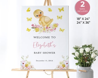 Ente Baby Shower Willkommensschild, Enten-Baby-Dusche-Zeichen, Bauernhof-Baby-Dusche benutzerdefinierte Zeichen, gelbe Schmetterlinge, süße Tiere, Instant Download