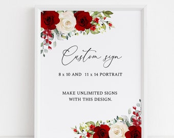 Individuelles Schild mit roten und weißen Rosen, Hochzeitsschild mit roten und weißen Blumen, florales Hochzeitsdekor, rustikales Schild, Sofortiger Download, G26