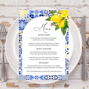 Modèle de menu citron méditerranéen, menu citron carreaux bleus, menu du dîner, menu de mariage estival, toscane italienne de Santorin, menu imprimable, ME3