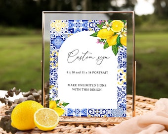 Modèle de plaque personnalisée citron méditerranéen, carreaux bleus et plaque de bienvenue citron, affiche de table de mariage, signe de baby shower, téléchargement immédiat, ME3