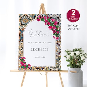 Bougainvillea and Spanish Tiles Bridal Shower Welcome Sign, Hot Pink Flowers Custom Sign, Mediterranean Tuscan Italy Bridal Shower, ME13