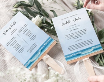 Beach Wedding Program Fan, Seaside Wedding Schedule, Wedding Order Of Events, Printable Program Fan Template, Order of Service, Palmer