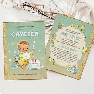 May include: A vintage-style invitation for a second birthday party. The invitation features a cartoon baby boy holding a spoon and a birthday cake with candles. The invitation is decorated with a blue and green colour scheme and has a book request for guests to bring a book instead of a card. The text on the invitation reads "Please join us to celebrate the second birthday of Cameron".