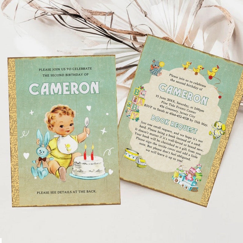 May include: A vintage-style invitation for a second birthday party. The invitation features a cartoon baby boy holding a spoon and a birthday cake with candles. The invitation is decorated with a blue and green colour scheme and has a book request for guests to bring a book instead of a card. The text on the invitation reads "Please join us to celebrate the second birthday of Cameron".