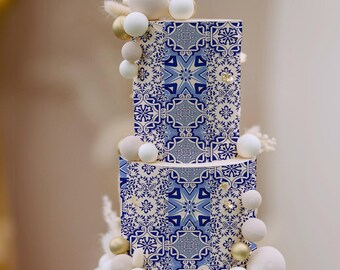 Plantilla imprimible para envoltorio de pastel mediterráneo. Patrón de glaseado comestible para envoltorio de pastel. Patrón de azulejos sicilianos, azules y griegos. Amalfi, Positano, ME5.