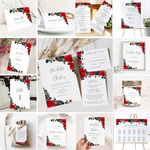 May include: A set of wedding stationery featuring a floral design with red and black roses. The stationery includes save the date cards, invitations, RSVP cards, table numbers, and a welcome sign. The text on the stationery includes the names "Michelle & Charles" and the wedding date.