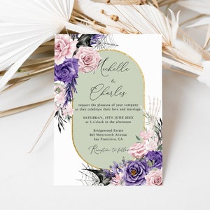 Ensemble de faire-part de mariage Halloween violet et rose, faire-part Halloween sauge, faire-part de mariage gothique, effrayant, faire-part de mariage imprimable, SP39