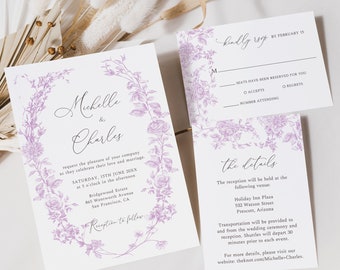 Editable Lilac Wedding Invitation Set, Purple Wedding Invite, Floral Line Art, Botanical Invitation Template, Toile French Invite, SP21