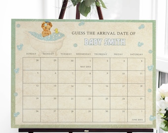 Baby vervaldatum kalenderspel, baby shower spel, denk dat de geboortedatum van de baby, bewerkbare babyvoorspelling, retro vervaldatumspel, Instant Download, ST2