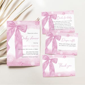 Editable Pink Bow Winter Baby Shower Invitation Set, Coquette Christmas Holiday Snowflake Invite, Snowfall Winter Wonderland Template, W55