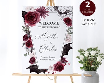 Burgundy Halloween wedding welcome sign, gothic welcome sign, bridal shower welcome sign, printable welcome poster, editable sign, HAL01