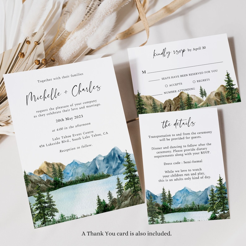 Mountain Wedding Invitation, Lake Wedding Invitation, Tahoe Wedding Invitation, Forest Wedding Invitation, Lake Tahoe Invitation, Callie image 1