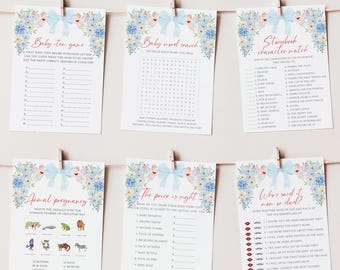 Editable A Little Sweetheart Baby Shower Games, Valentine's Day, Coquette Blue Bow and Hearts, Dusty Blue Flowers, Boy Baby Shower, B64