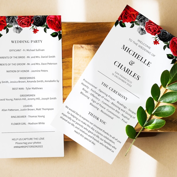 Red and Black Roses Wedding Program, Ceremony Program Printable, Wedding Order Of Service, Black Tie Event Program, Midnight