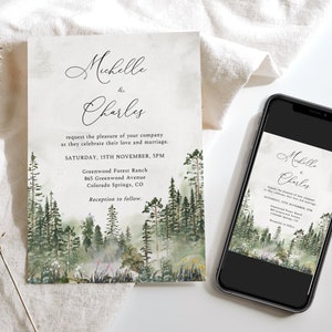 Forest Wedding Invitation Set, Mountain Wedding Invite, Mountain Invitation, Woodsy Wedding Template, Adventure Wedding,Foggy Forest, BD001 画像 2