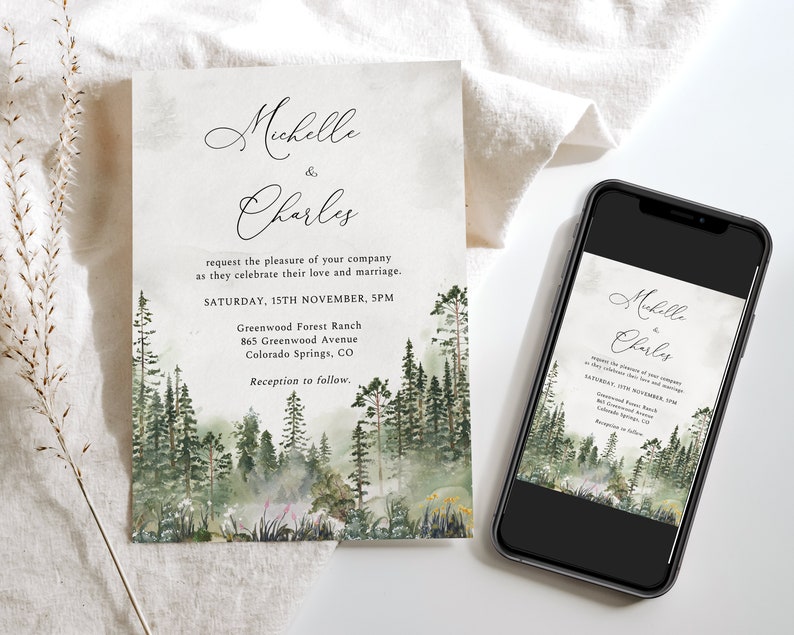 Forest Wedding Invitation Set, Mountain Wedding Invite, Mountain Invitation, Woodsy Wedding Template, Adventure Wedding,Foggy Forest, BD001 image 2