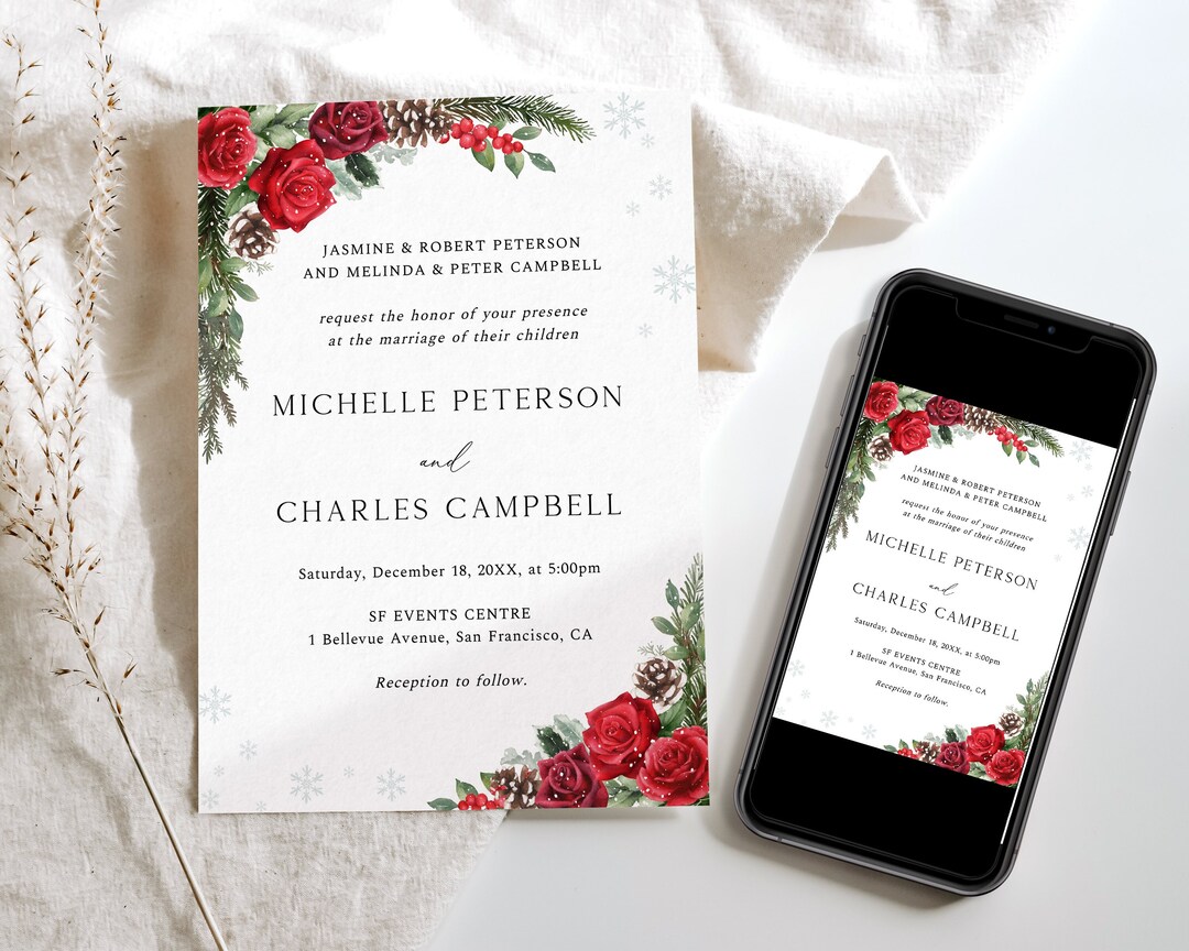 Winter Red Roses Wedding Invitation, Christmas Wedding Invitation ...
