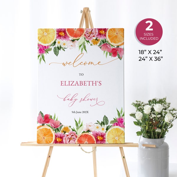 Citrus Baby Shower Welcome Sign, Magenta Baby Shower Shower Custom Sign, Lemon Orange Welcome Sign, Bright Floral Citrus, Pink Flowers, ME20