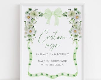 Green Bow Lucky Charm Baby Shower Custom Sign, St Patrick's Day, Shamrock Baby Shower, Green and White Flowers, Gender Neutral, B65