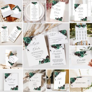 May include: A set of printable wedding invitations with a gothic and spooky theme. The invitations feature black and green floral designs with spiderwebs and a black and white spider. The text on the invitations reads "Michelle & Charles".