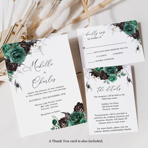 May include: A wedding invitation suite with a spooky, gothic theme. The invitation features a black and green floral design with spiders and spiderwebs. The text reads "Michelle & Charles" and includes the date and time of the wedding. The RSVP card includes a space for guests to indicate their attendance and the number of guests attending.