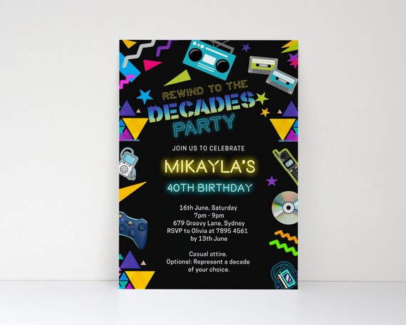 Decades Party Invitation, 2000s Party Invite, Decades Birthday Invites, Neon 80s 90s 2000s Party Invitation, Printable Throwback Decades