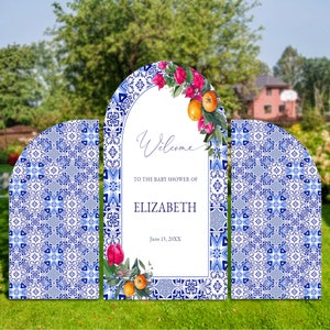 Mediterranean Baby Shower Photo Prop Printable Template, Bougainvillea and Citrus Backdrop, Oranges Party Backdrop, Blue Tiles, ME12