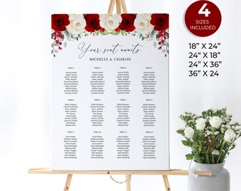 Rode en witte rozen bruiloft zitplaatsen teken, rode en witte bloemen zitplaatsen grafiek, bloemen bruiloft decor, rustiek teken, Instant Download, G26