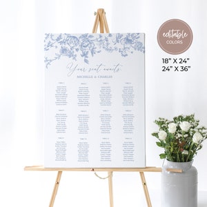 Sinal de assento Chinoiserie azul empoeirado, arte de linha floral azul, gráfico de assentos botânicos, sinal personalizado minimalista moderno, download instantâneo, SP15